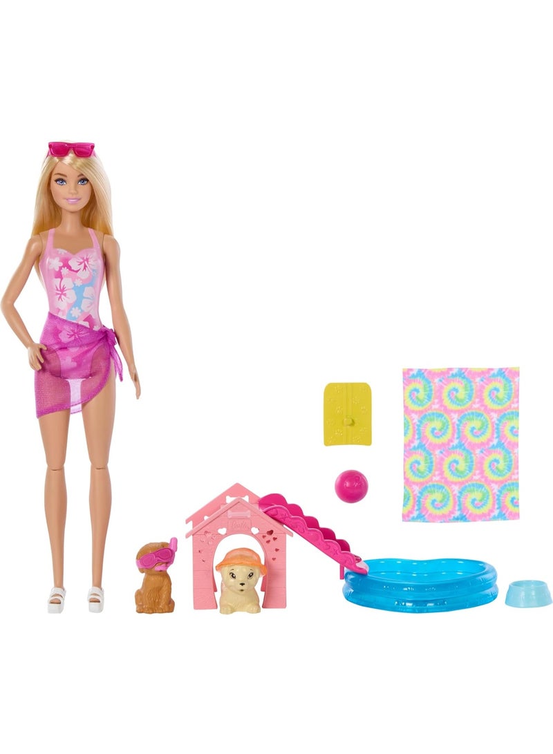 Barbie Puppy Pool Party Toy Playset with Fashion Doll | Doghouse & Slide, Heart-Shaped Pool, 2 Pet Dog Figures, 6 Accessories & Color Change, JBF35 - Image 4