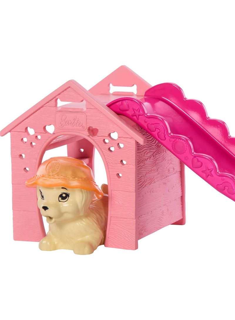 Barbie Puppy Pool Party Toy Playset with Fashion Doll | Doghouse & Slide, Heart-Shaped Pool, 2 Pet Dog Figures, 6 Accessories & Color Change, JBF35 - Image 2