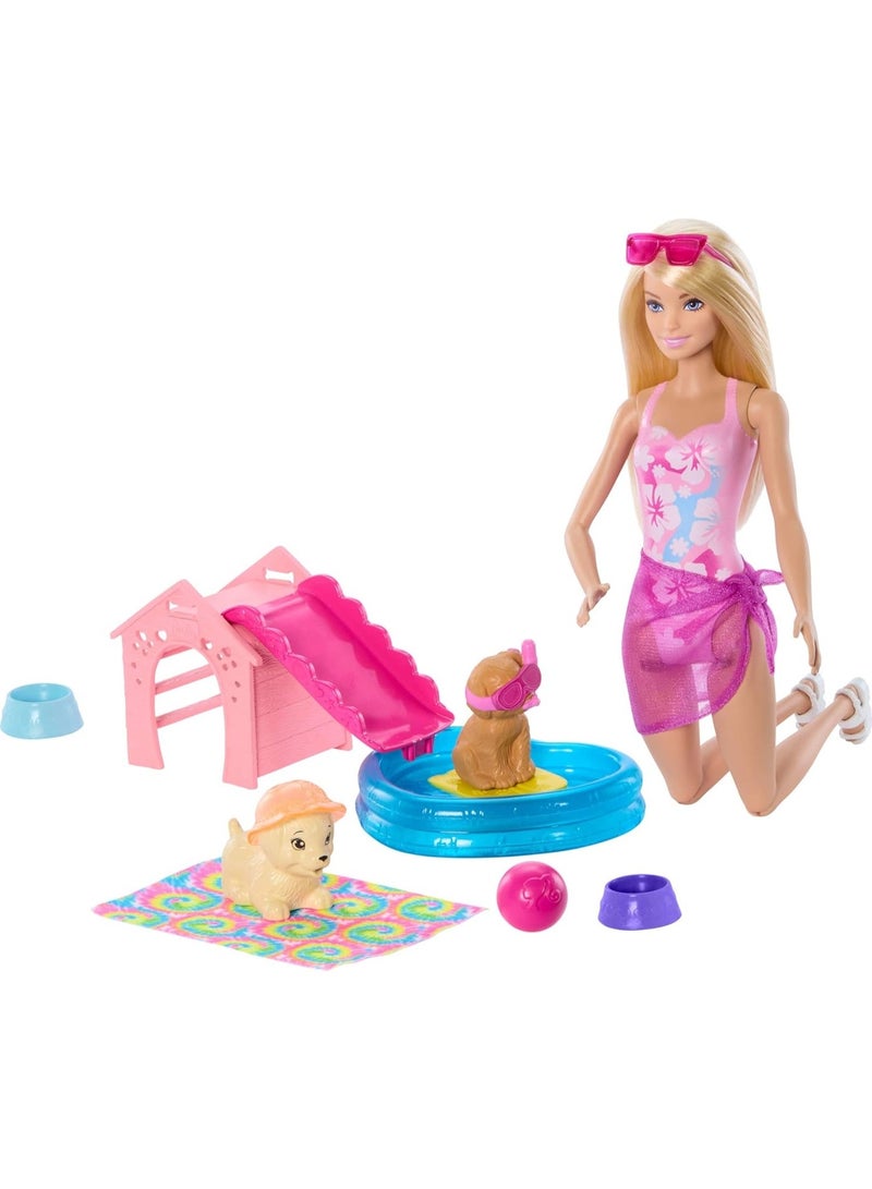 Barbie Puppy Pool Party Toy Playset with Fashion Doll | Doghouse & Slide, Heart-Shaped Pool, 2 Pet Dog Figures, 6 Accessories & Color Change, JBF35 - Image 1