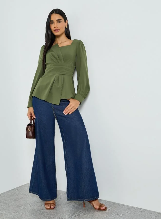 Take Two Olive Square Neck Fold Pleat Top