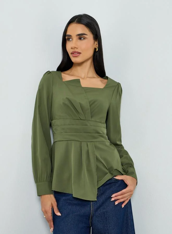 Take Two Olive Square Neck Fold Pleat Top