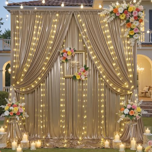 Htper 30x10 ft Champagne Sequin Backdrop Curtain with Lights for Parties, Wrinkle Free Glitter Photo Backdrop Drapes Shimmer Back Drop Cloth with Light Strings for Wedding Birthday Photography Background - Image 1