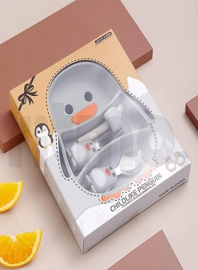 Ritmo طقم أدوات مائدة سيليكون للأطفال من ريتومو، يتضمن أطباقًا وشوكة وملعقة، بالإضافة إلى أدوات مائدة مخصصة لإطعام الأطفال الصغار (لون رمادي البطريق). - Image 3