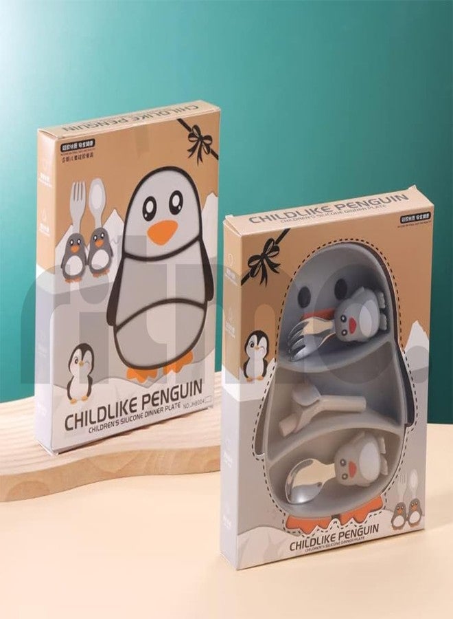 Ritmo طقم أدوات مائدة سيليكون للأطفال من ريتومو، يتضمن أطباقًا وشوكة وملعقة، بالإضافة إلى أدوات مائدة مخصصة لإطعام الأطفال الصغار (لون رمادي البطريق). - Image 4