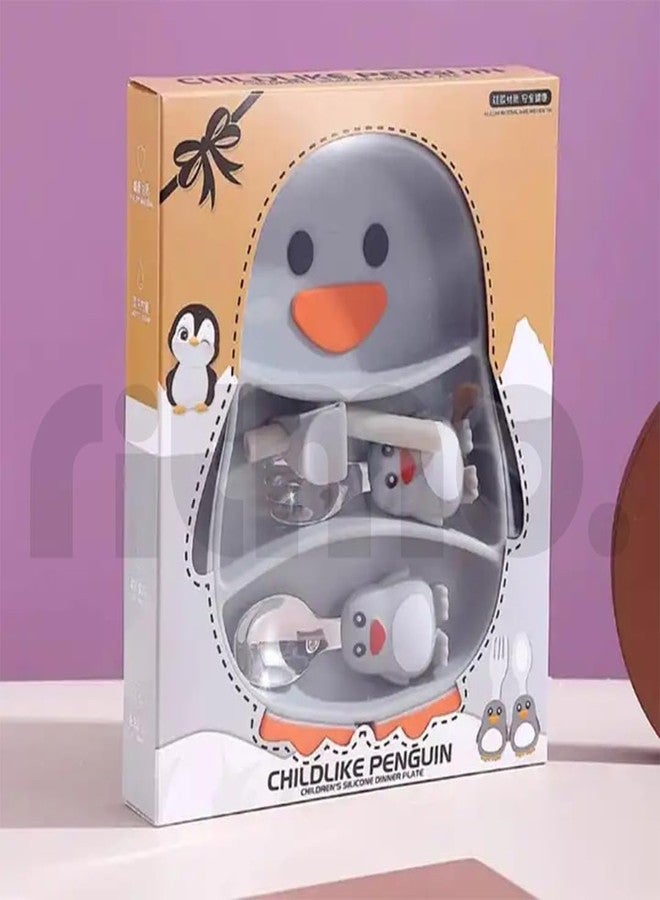 Ritmo طقم أدوات مائدة سيليكون للأطفال من ريتومو، يتضمن أطباقًا وشوكة وملعقة، بالإضافة إلى أدوات مائدة مخصصة لإطعام الأطفال الصغار (لون رمادي البطريق). - Image 5