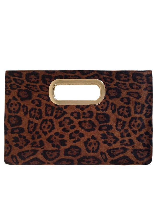 JNB Faux Suede Top Handle Leopard Clutch Brown - Image 1