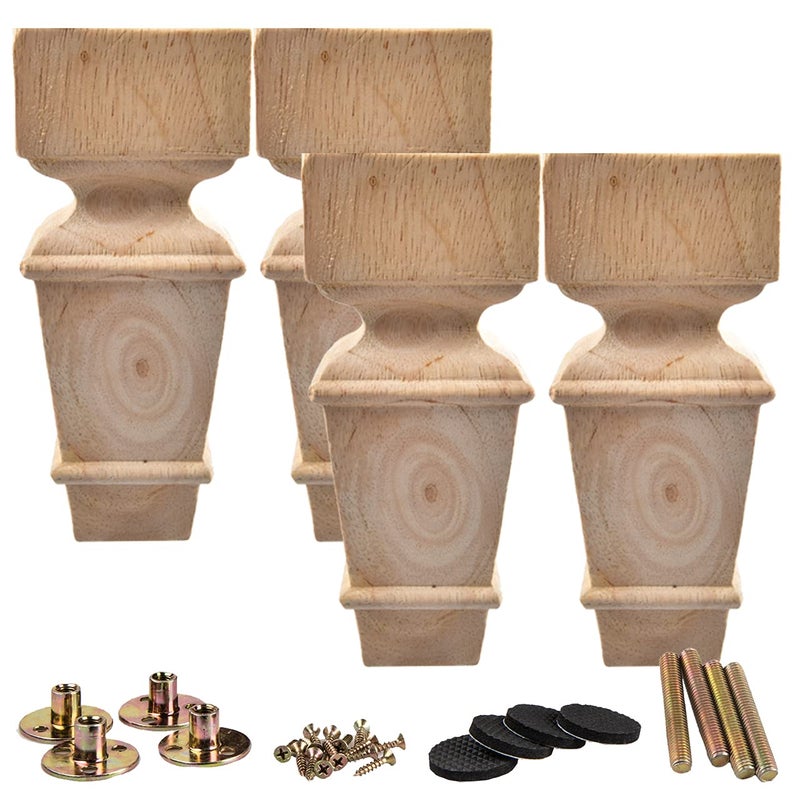 La Vane 6 inch  15cm Wooden Furniture Legs Set of 4 Carved Geometry Solid Wood Unfinished Replacement Bun Feet with Mounting Plate  Screws for Sofa Cabinet Couch Table TV Stand