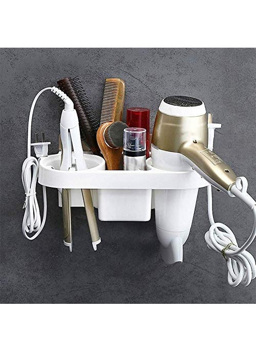 Density Collection - Density Collection Wall Mounted Adhesive Hair Dryer Holder, Hair Care Tools Organizer Basket, White - Image 1