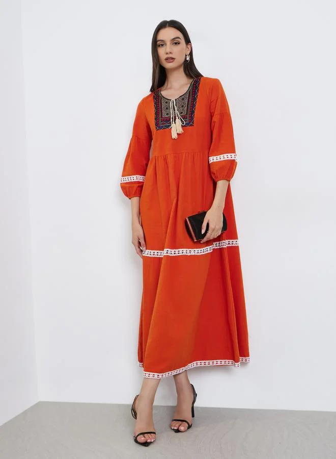 تايك تو Take Two Orange Graphic Fringed Detail Elastic Cuffs Jalabiya