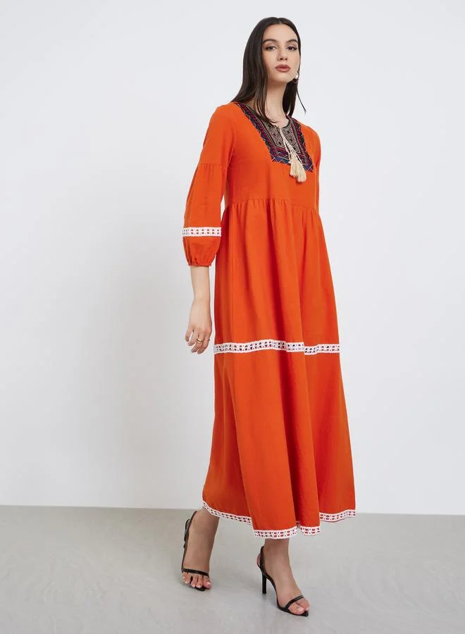 تايك تو Take Two Orange Graphic Fringed Detail Elastic Cuffs Jalabiya
