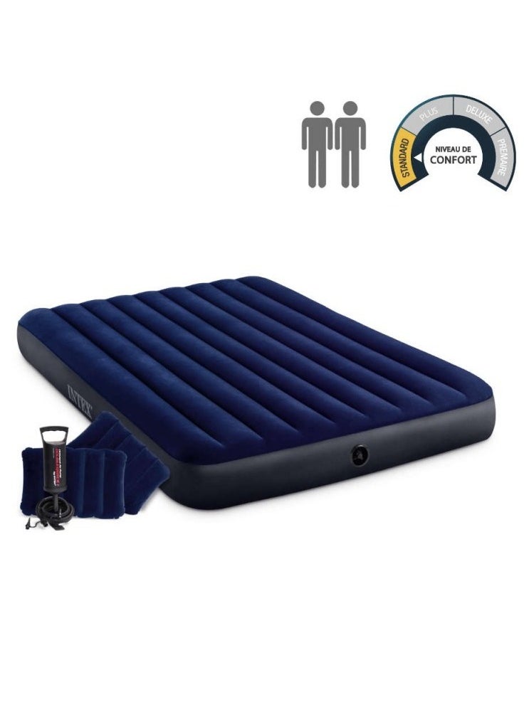 INTEX Classic Downy Queen Double Mattress – 10” Airbed, Blue, Unisex, Durable Fiber-Tech Construction, Includes 2 Inflatable Pillows & Hand Pump, 272 kg Capacity - Image 1