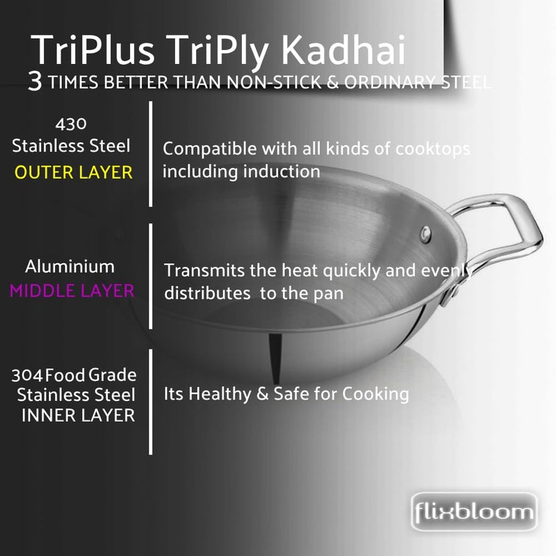 FLIXBLOOM FLIXBLOOM Modern TriPlus Stainless Steel Kitchen Cookware Triply Kadai Induction Base Kadhai Gas Stovetop Friendly Utensil 3 Litre  - Image 3