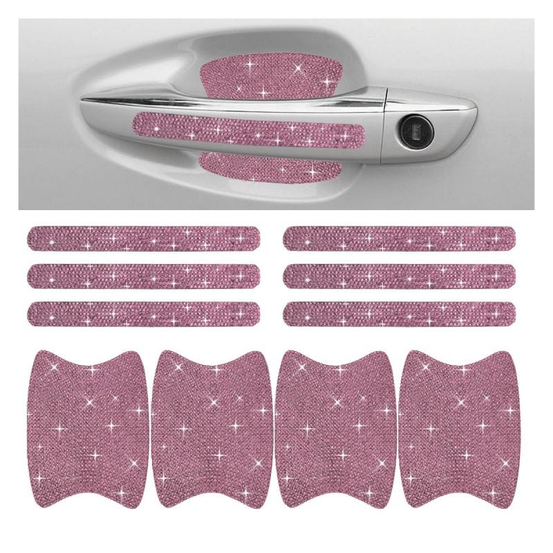 Pink Car Door Handle Protector: 3.68 X 3.21 Inches Rhinestone Design - Scratch Resistant Glossy Adhesive Sticker for Universal Car Exterior Decor - Image 1