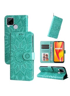 HuHa Case Cover For Realme C15 / C12 / C25 Embossed Sunflower Leather Phone Case Green 
