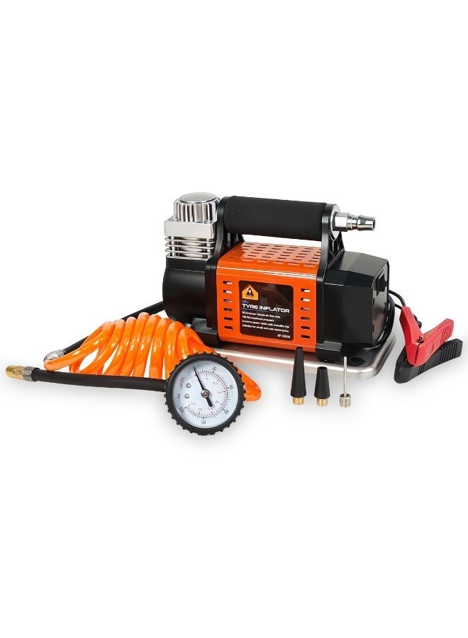 سفاري ضاغط هواء لنفخ الإطارات بجهد 12 فولت و100 PSI - مضخة هواء سيارات محمولة مزودة بمقياس ضغط، بهيكل معدني متين، لنفخ سريع للسيارات والدراجات الهوائية والكرات، مع خرطوم هواء وفوهات ملحقة. - Image 1