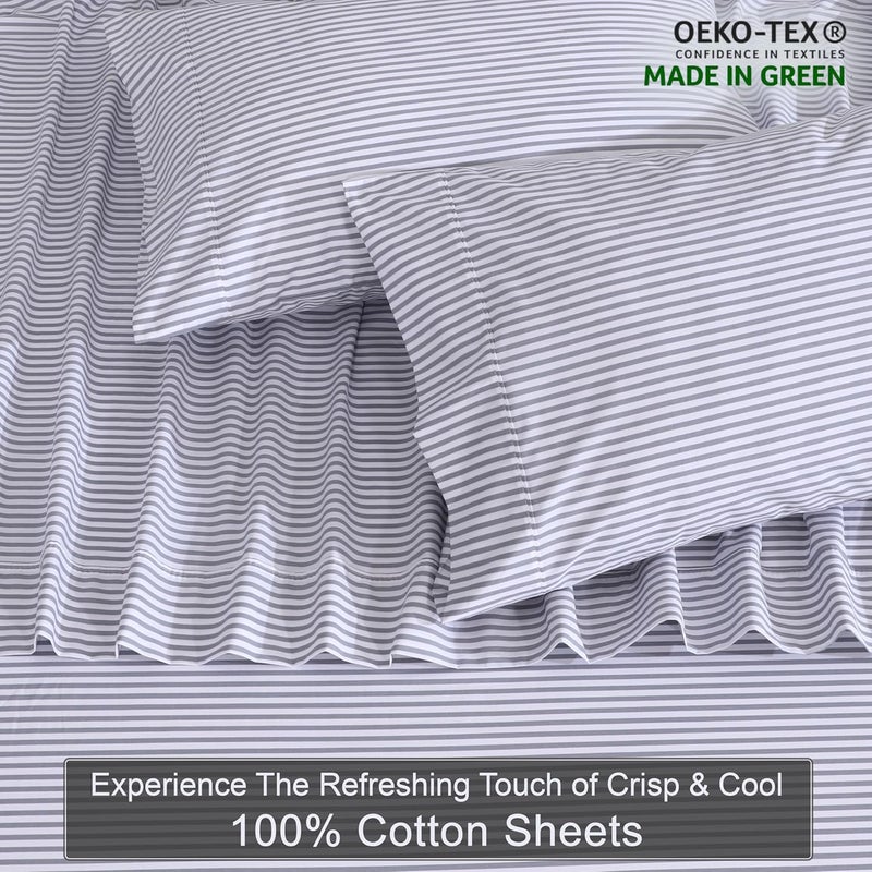 ZOYER 100% Cotton Sheets - Cooling & Crisp Queen Size Percale Sheets, 16" Deep Pockets Bed Set, Lightweight & Breathable, Durable, 4 Pieces, Grey Stripe - Image 4