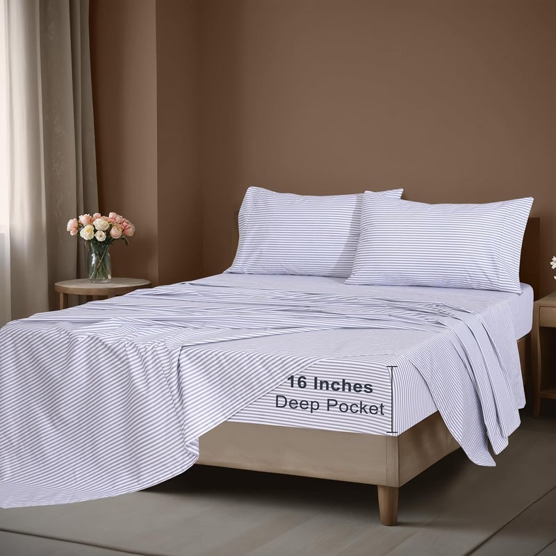 ZOYER 100% Cotton Sheets - Cooling & Crisp Queen Size Percale Sheets, 16" Deep Pockets Bed Set, Lightweight & Breathable, Durable, 4 Pieces, Grey Stripe - Image 3