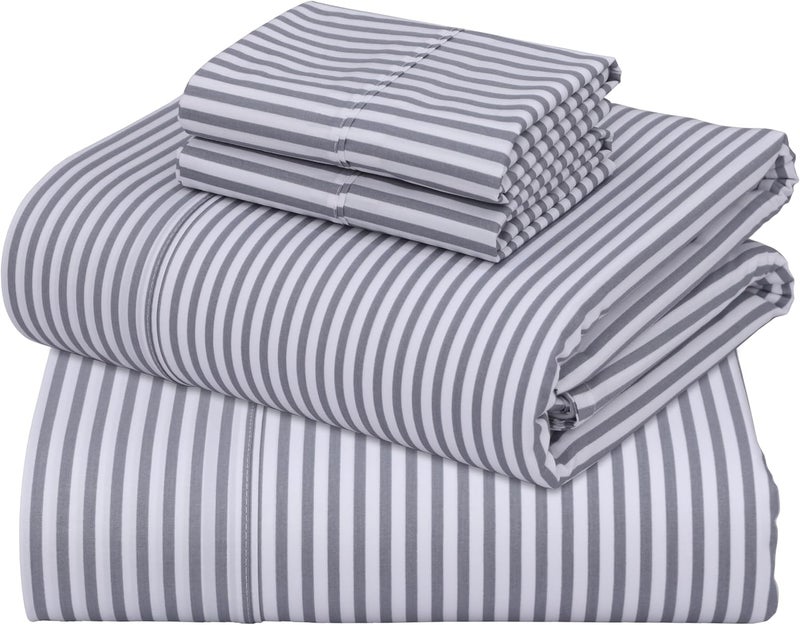 ZOYER 100% Cotton Sheets - Cooling & Crisp Queen Size Percale Sheets, 16" Deep Pockets Bed Set, Lightweight & Breathable, Durable, 4 Pieces, Grey Stripe - Image 1