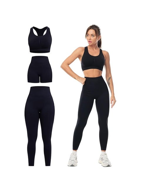 3 Piece Workout Sets for Women Butt Lifting Leggings with High Impact Sports Bra Gym Shorts