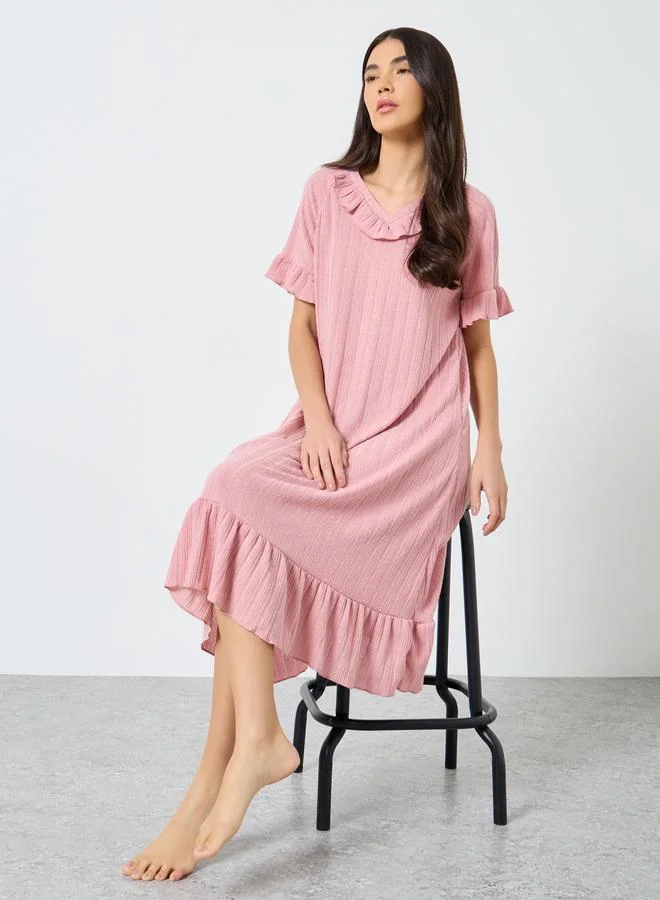 تايك تو Take Two Ruffled V Neck Solid Nightdress