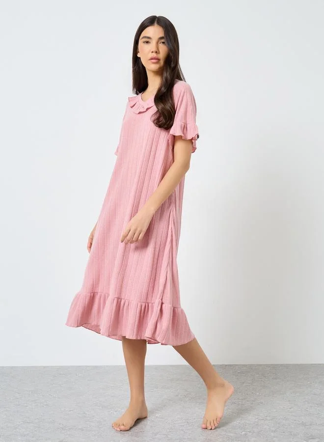تايك تو Take Two Ruffled V Neck Solid Nightdress