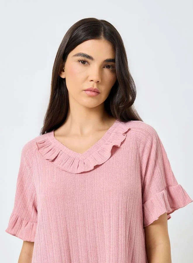Styli Styli Ruffled V Neck Solid Nightdress
