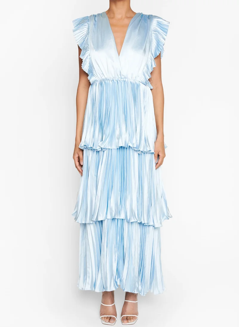 True Decadence Beatrice Blue Satin Pleated Tiered Dress