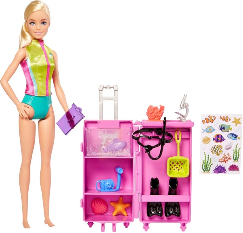 Defa Barbie Marine Biologist Doll and Accessories, Mobile Lab Playset with Blonde Doll and 10+ Pieces