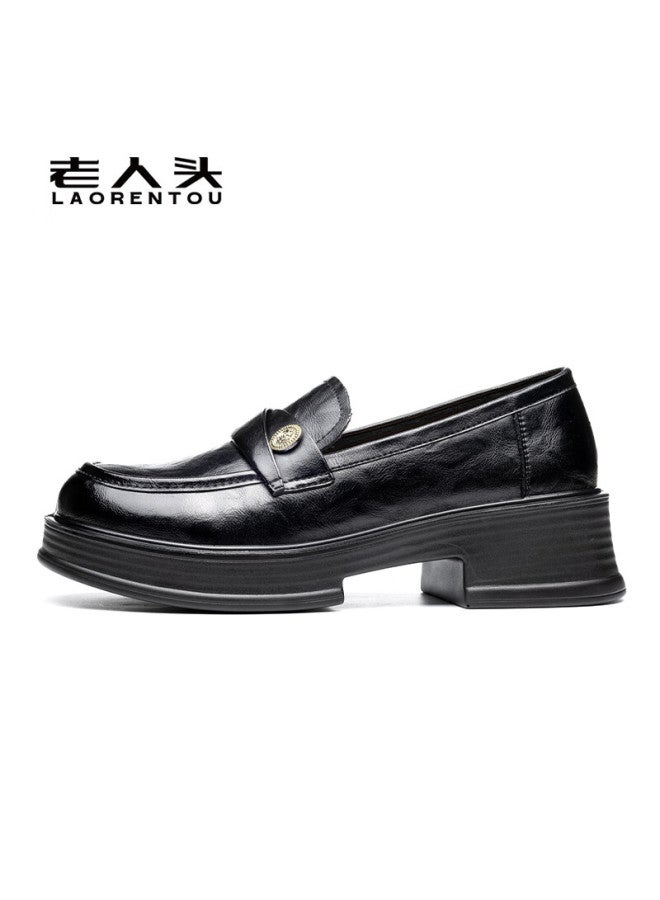 Laorentou Women's Thick Sole Loafers Spring Autumn New Chunky Heel Black Leather Shoes Lb235 Black Size 39