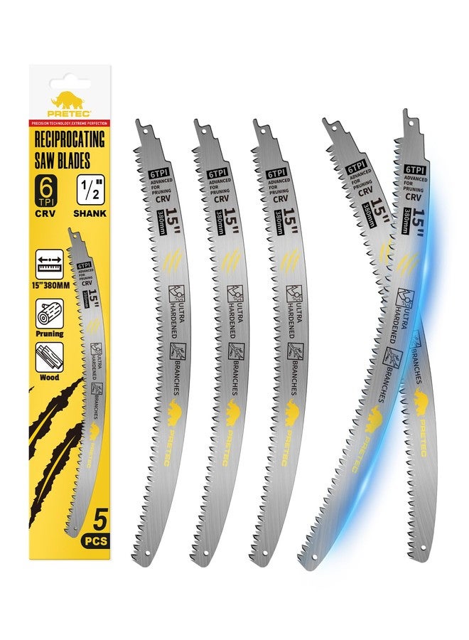 PRETEC Japanese Teeth Reciprocating Saw Blades 15 Inch, Arc Edge Wood Pruning Reciprocating Saw Blades 6TPI Tree Trimming, Wood Cutting, Cr-V Reciprocal Saw Blades Better Wear Resistance, (5 Pack) - Image 1