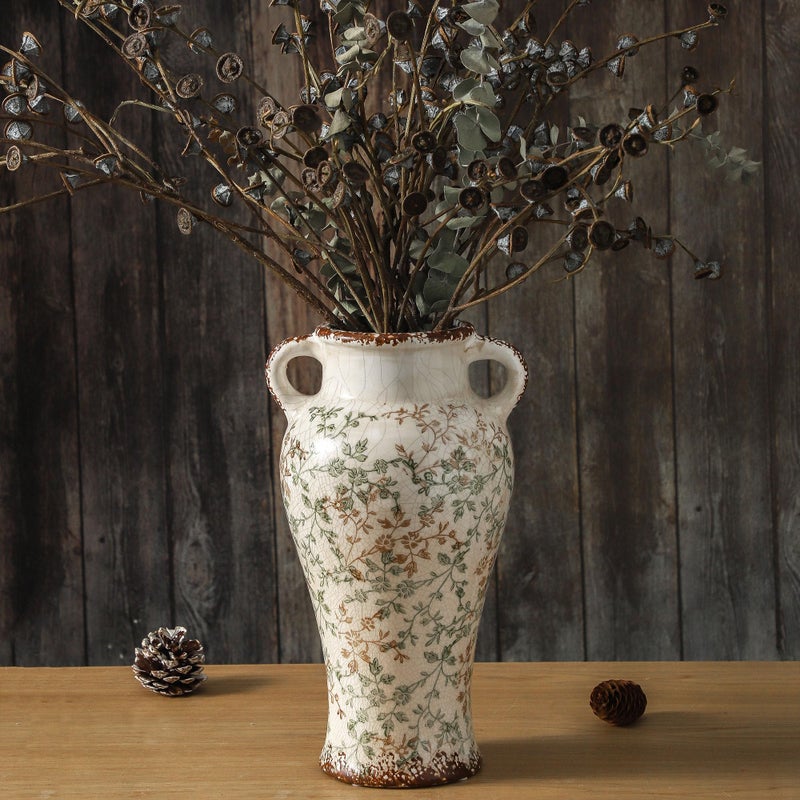 Enra Farmhouse Vintage vase with Handle,12.6 in Ceramic Chinoiserie Floral Vase,Green and Beige Decorative Flower vase,Large Rustic Vases for Home Decors, Living Room, Bookshelf, Office - Image 1