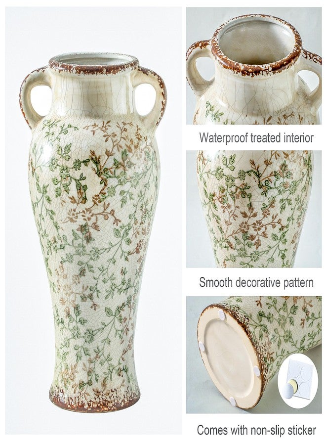 Enra Farmhouse Vintage vase with Handle,12.6 in Ceramic Chinoiserie Floral Vase,Green and Beige Decorative Flower vase,Large Rustic Vases for Home Decors, Living Room, Bookshelf, Office - Image 3