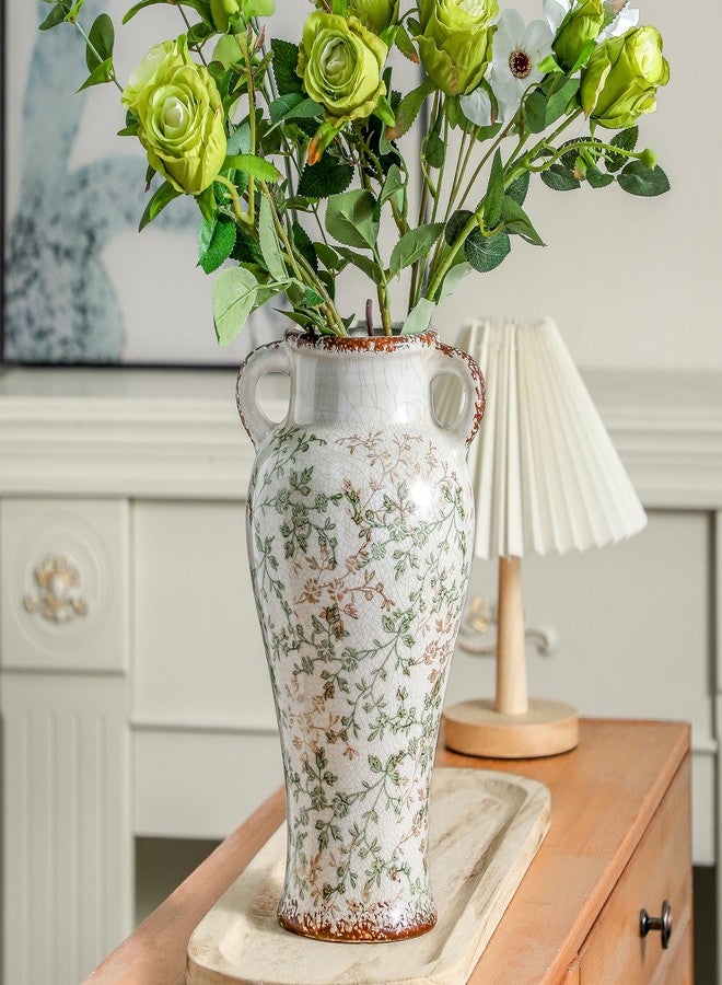 Enra Farmhouse Vintage vase with Handle,12.6 in Ceramic Chinoiserie Floral Vase,Green and Beige Decorative Flower vase,Large Rustic Vases for Home Decors, Living Room, Bookshelf, Office - Image 5