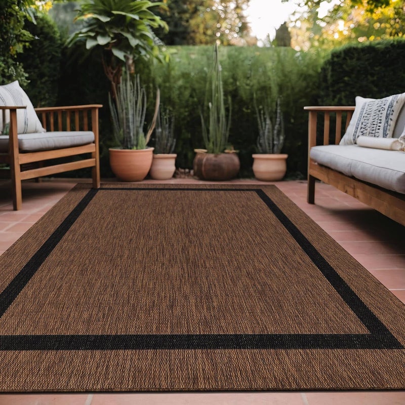 Luul Home Bordered Outdoor Rug 6x9 Washable Outside Carpet for Indoor Patio Porch Waterproof Easy Cleaning Non Shedding Area Rugs Nut Brown Black 6 x 9