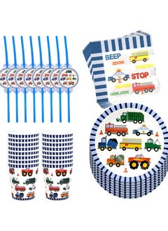 Y&D 50pcs in 1 Set Engineering Vehicle Theme Disposable Tableware  Paper Cup Plates Dinnerware Car Printing Napkins Straw Baby Boy Birthday Party Supplies Supply  - Image 1