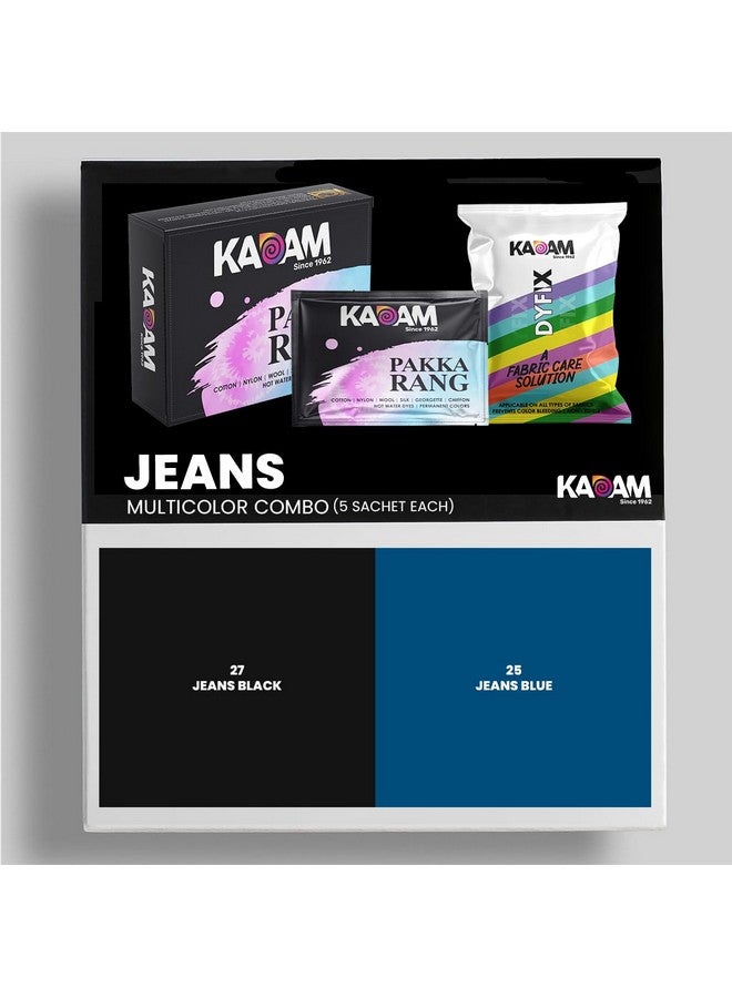 KADAM (LABEL) صبغة قماش كادام باكا رانغ للملابس دائمة، مجموعة متعددة الألوان (C5: جينز - أسود (5 أكياس)، جينز أزرق (5 أكياس))، مسحوق صبغة القماش، صبغة قماش للملابس، مثبت لون دايفيكس - Image 1