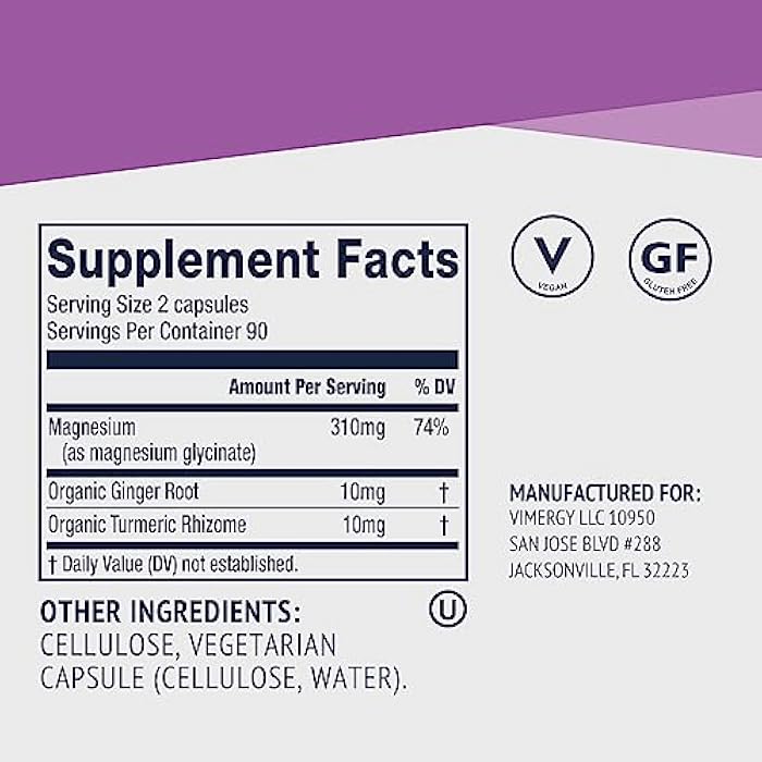 VIMERGY Magnesium Glycinate – Stress Support – Chelated to Avoid Tummy Upset*– Promotes Heart Health & Energy*– Kosher, Vegan Gluten-Free – 180 Caps - Image 5