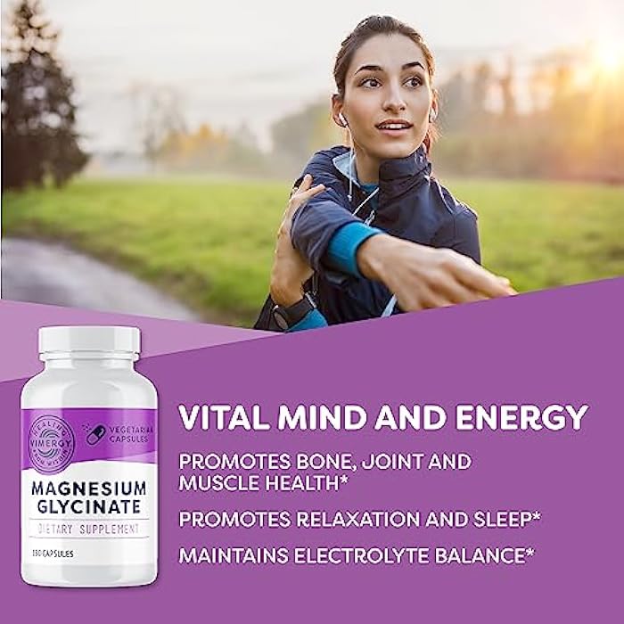 VIMERGY Magnesium Glycinate – Stress Support – Chelated to Avoid Tummy Upset*– Promotes Heart Health & Energy*– Kosher, Vegan Gluten-Free – 180 Caps - Image 3