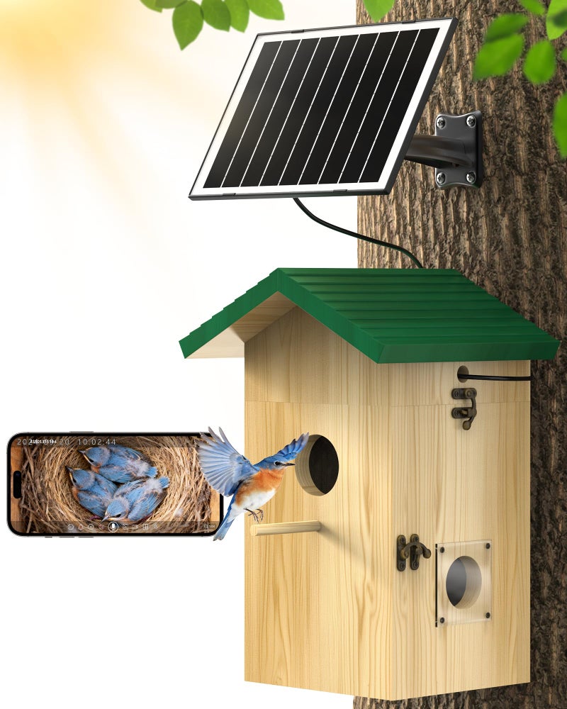 KinetCam Bird House with Camera Solar Powered 2K HD WiFi Bird Watching Cam for Birdhouse Auto Detect Notify Night Vision APP Control Wooden Birdhouse with Camera Inside - Image 2