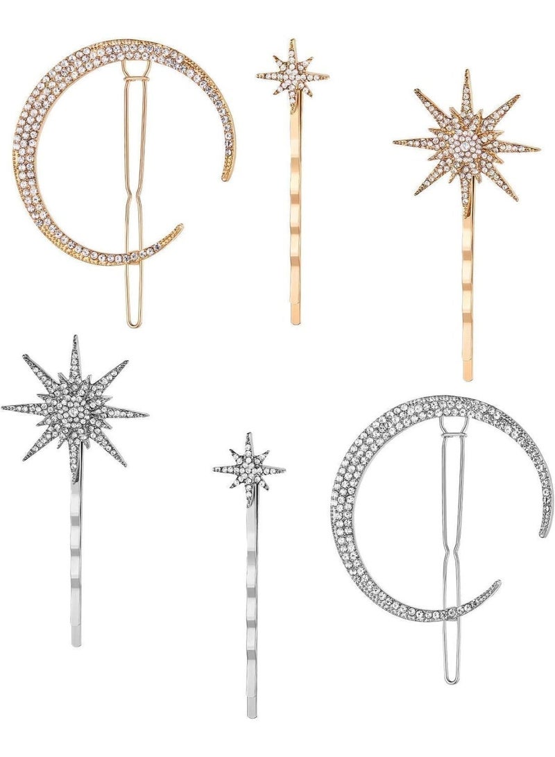 ChicAbode 6 Pcs Star and Moon Hair Clips, Vintage Rhinestone Hair Pins, Non-Slip Metal Barrettes, No Hair Damage - Image 1