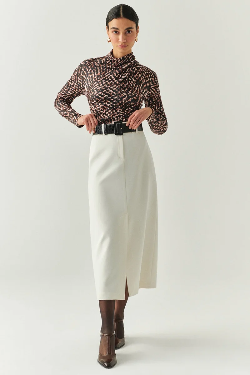 EXQUISE Cream Regular Midi Skirt with Front Slit, Belt, and Lining