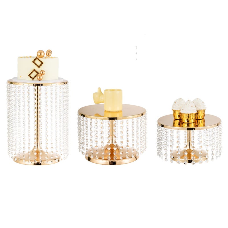 Gold Cake Stand Set of 3 Metal Mirror Cake Stand Cake Pedestal With Crystal Pendants and Beads Cupcake Candy Birthday Party Wedding Party Dessert Display Stands