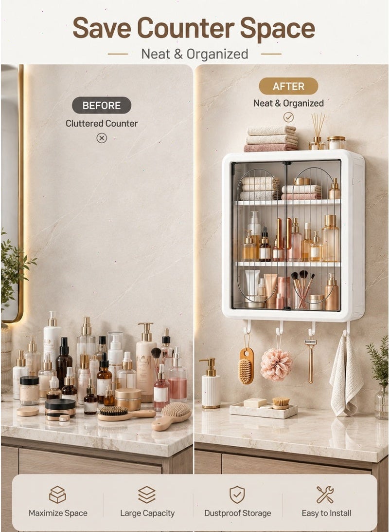 Wall Mounted Bathroom Cabinet, No-Drill 3-Tier Storage Organizer with Transparent Double Doors Dustproof and Moistureproof, Cosmetics, Kitchen and Laundry Room - Image 5