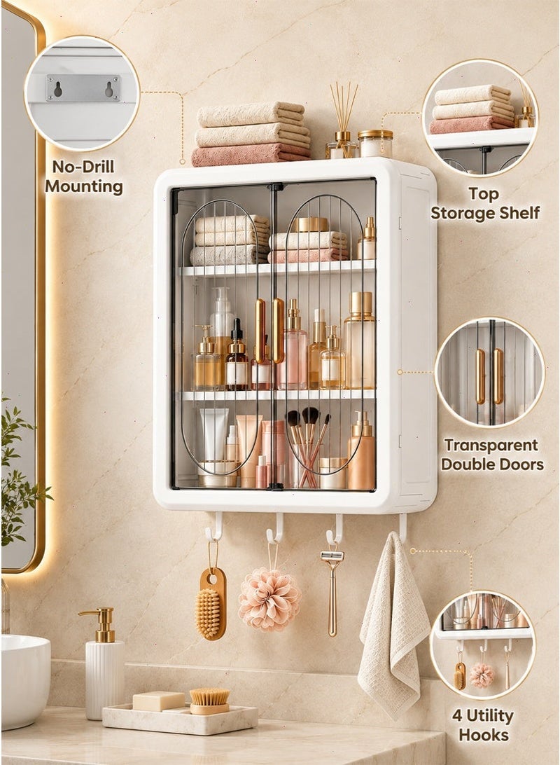 Wall Mounted Bathroom Cabinet, No-Drill 3-Tier Storage Organizer with Transparent Double Doors Dustproof and Moistureproof, Cosmetics, Kitchen and Laundry Room - Image 2