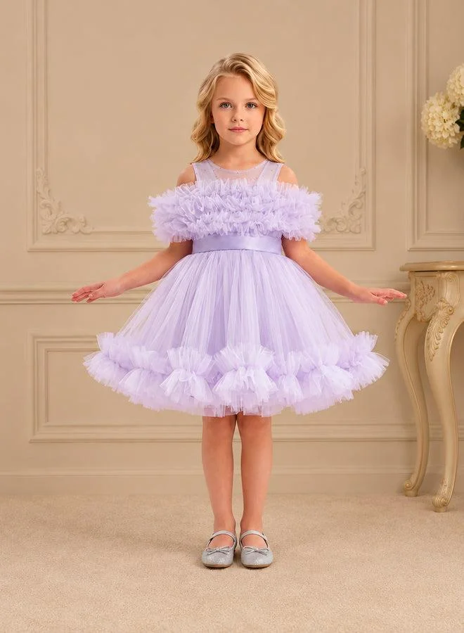Via Bambino Lavender Ruffle Off-Shoulder Tutu Dress 3410
