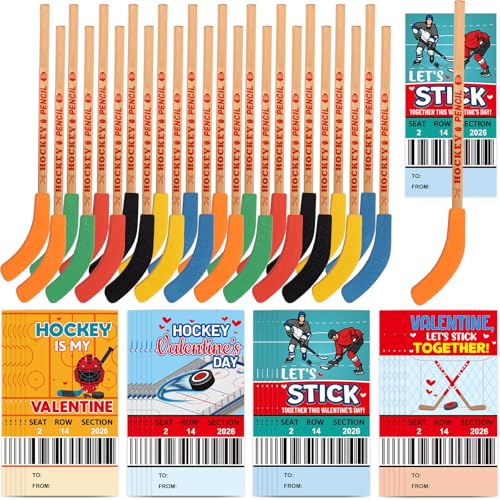 Fancy Land Valentines Day Hockey Themed Gifts Set Valentine Card with Hockey Pencil for Kids School Classroom Holiday Exchange Party Supplies 24 Sets - Image 2