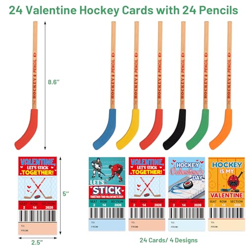 Fancy Land Valentines Day Hockey Themed Gifts Set Valentine Card with Hockey Pencil for Kids School Classroom Holiday Exchange Party Supplies 24 Sets - Image 3