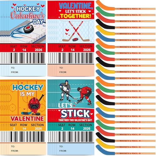 Fancy Land Valentines Day Hockey Themed Gifts Set Valentine Card with Hockey Pencil for Kids School Classroom Holiday Exchange Party Supplies 24 Sets - Image 1