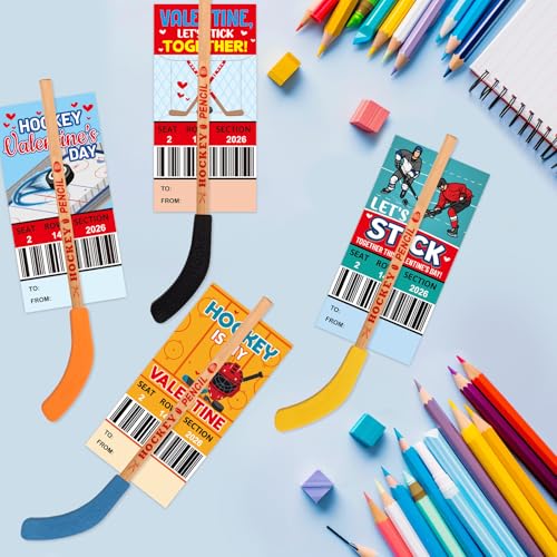 Fancy Land Valentines Day Hockey Themed Gifts Set Valentine Card with Hockey Pencil for Kids School Classroom Holiday Exchange Party Supplies 24 Sets - Image 4