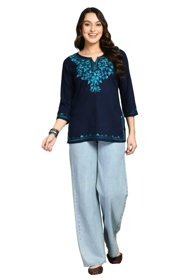 QAZMI Women Aari Embroidered Rayon Cotton Short Regular Fit Kurti (Xx-Large, Navy Blue) - Image 1